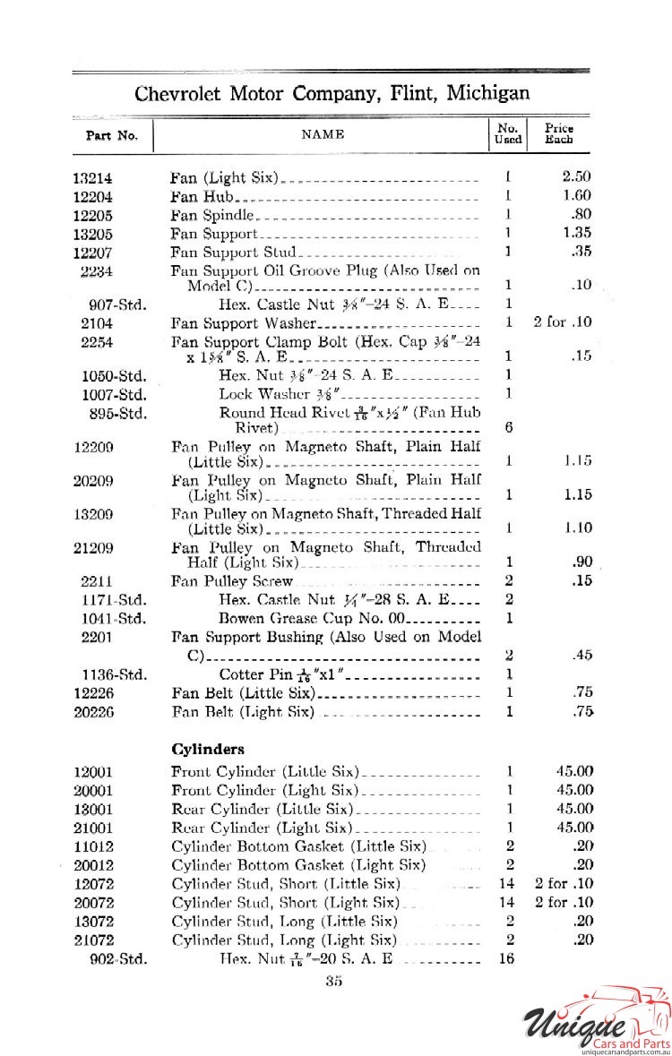 1912 Chevrolet Light and Little Six Parts Price List Page 52